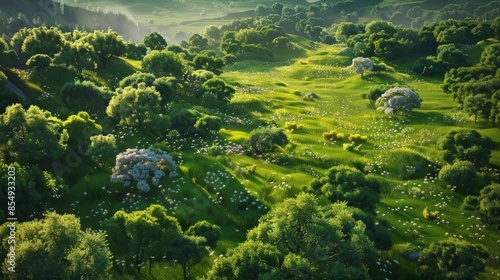 A mesmerizing aerial perspective of a verdant summer landscape, with lush green fields and meadows interspersed with patches of vibrant wildflowers. 