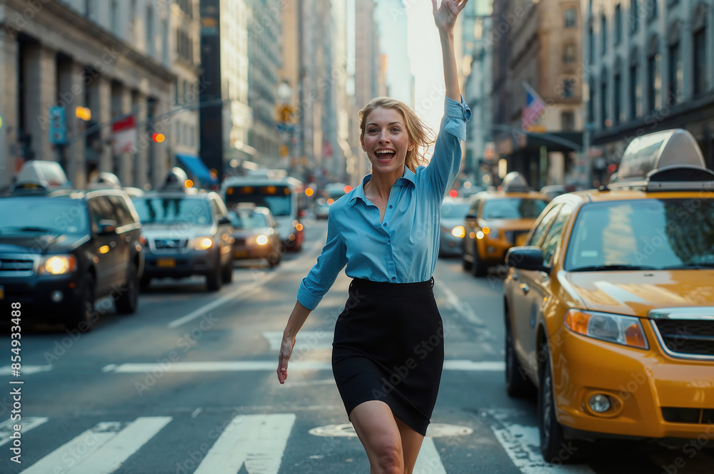 Businesswoman in high heels and business attire runs across a New York street, waving at the camera to board a taxi.
Businesswoman in high heels and business attire runs across a New York street, waving at the camera to board a taxi.