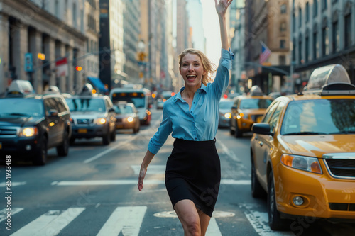 Businesswoman in high heels and business attire runs across a New York street, waving at the camera to board a taxi. 