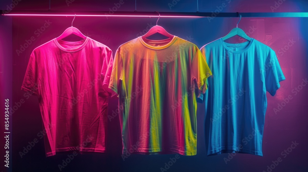 Four vibrant t shirts displayed on hangers Four vibrant t shirts displayed on hangers