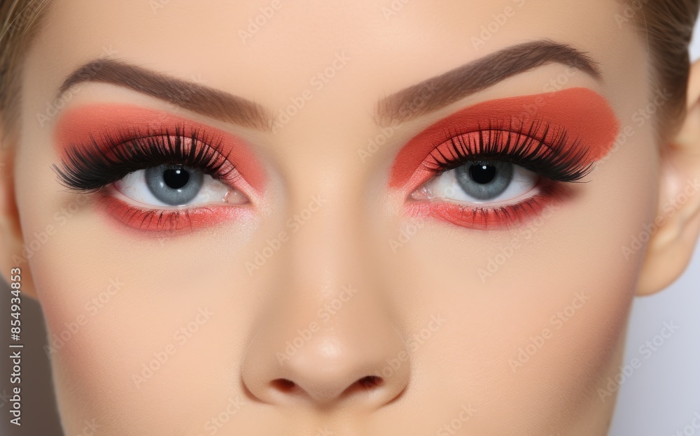 A woman with red eye makeup and blue eyes A woman with red eye makeup and blue eyes