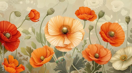 Elegant handdrawn poppy flowers in vibrant shades of orange and cream floral pattern © filmanana