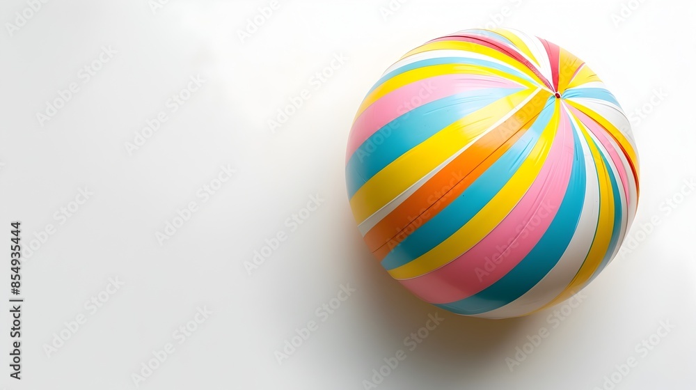 Colorful Striped Beach Ball on White Background with Top-Down View Colorful Striped Beach Ball on White Background with Top-Down View
