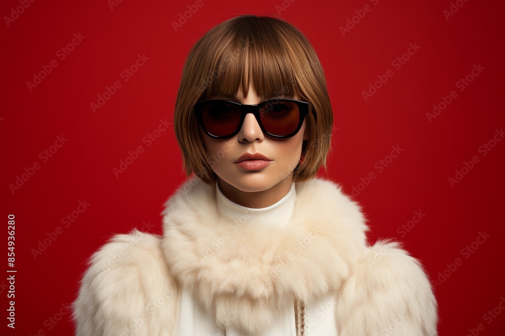 A woman wearing a fur coat and sunglasses stands in front of a red background A woman wearing a fur coat and sunglasses stands in front of a red background