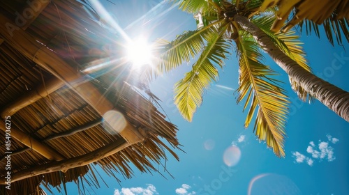 Roof of a tropical beach shelter and a palm tree soaking up the strong sunlight photo
