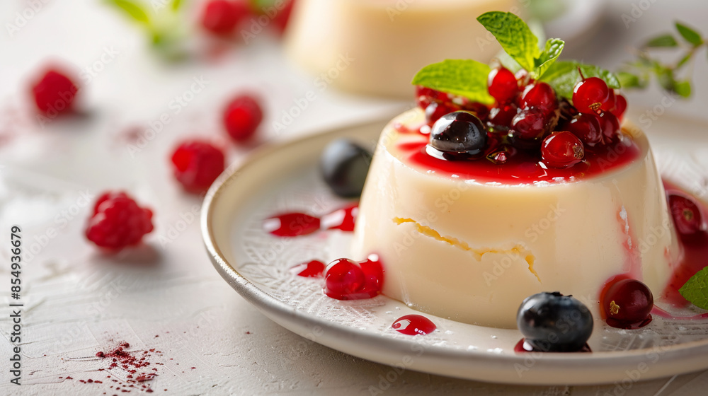 Single serving of panna cotta, with fresh berries and sprig of mint, white plate against light background Single serving of panna cotta, with fresh berries and sprig of mint, white plate against light background