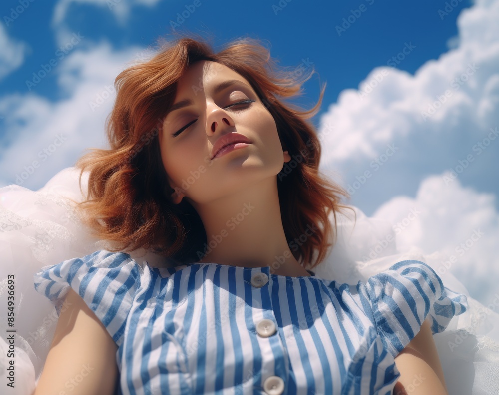 A girl with long red hair is sleeping in a cloud A girl with long red hair is sleeping in a cloud