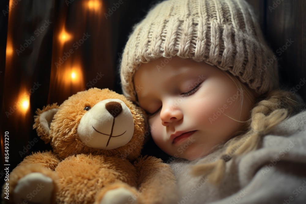A young girl is sleeping with a teddy bear A young girl is sleeping with a teddy bear