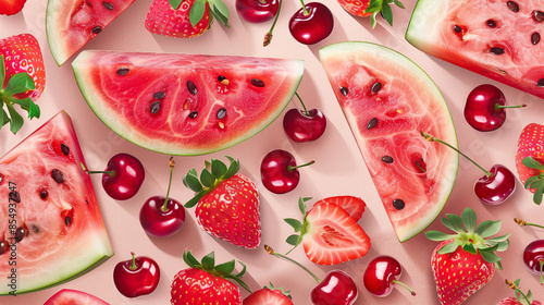 summer fruit pattern seamless fruit slices watermelon, strawberry, and cherry tile