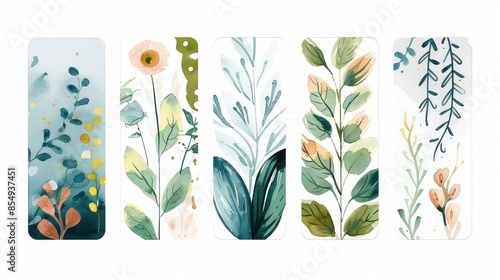 Vector illustration Set of five bookmarks decorated with botanical art texture. Bookmarks with modern creative design printable template on white background. Watercolor texture