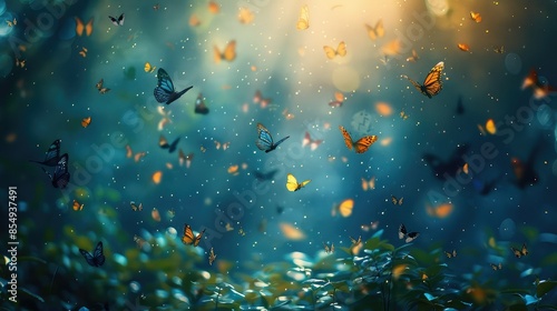 Mystical butterflies flutter their wings in a surreal dreamscape. © Suwanlee