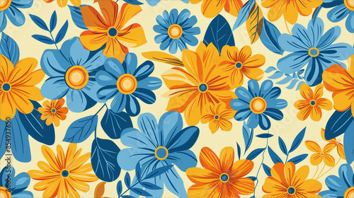 Wallpaper Mural summer floral pattern seamless tiles blue, yellow and orange Torontodigital.ca