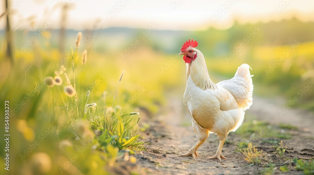 Fototapeta premium A white hen stands in a green field of grass and flowers. The hen is looking at the camera. The sun is rising in the background.
