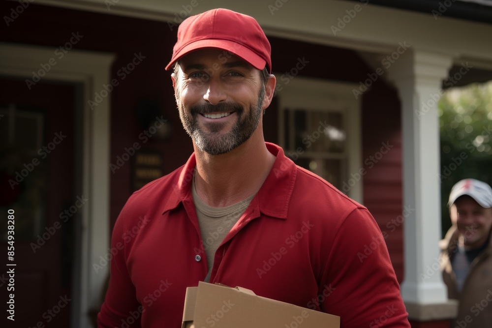 A man in a red shirt is smiling and holding a pizza box A man in a red shirt is smiling and holding a pizza box