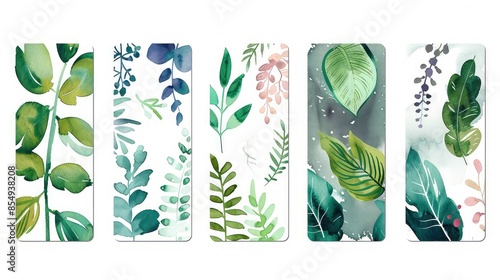Vector illustration Set of five bookmarks decorated with botanical art texture. Bookmarks with modern creative design printable template on white background. Watercolor texture