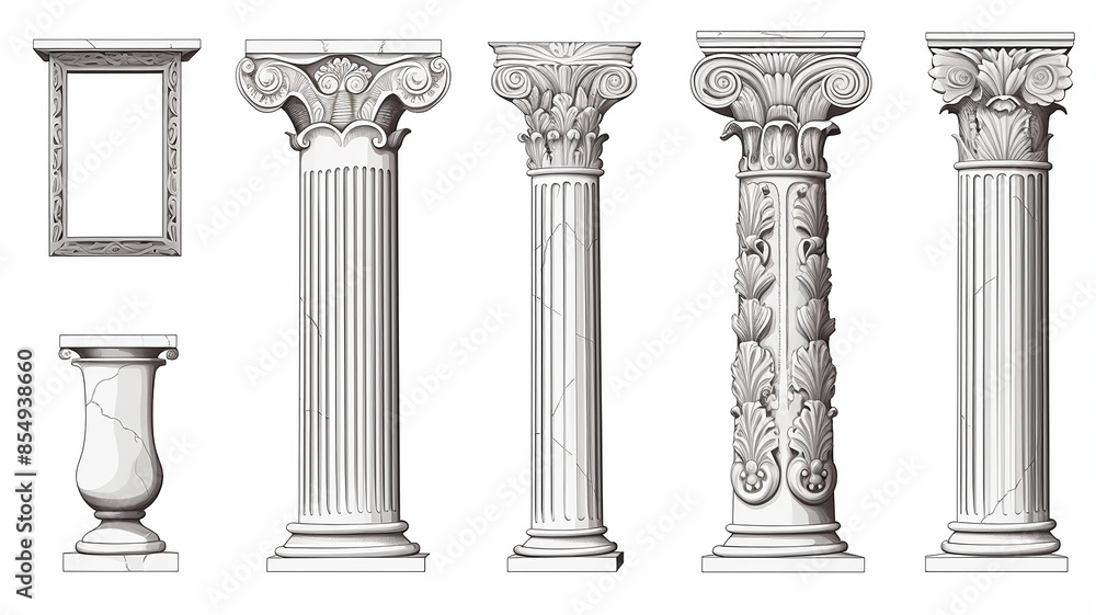 ancient marble columns set collection of isolated architectural elements on a white background ancient marble columns set collection of isolated architectural elements on a white background