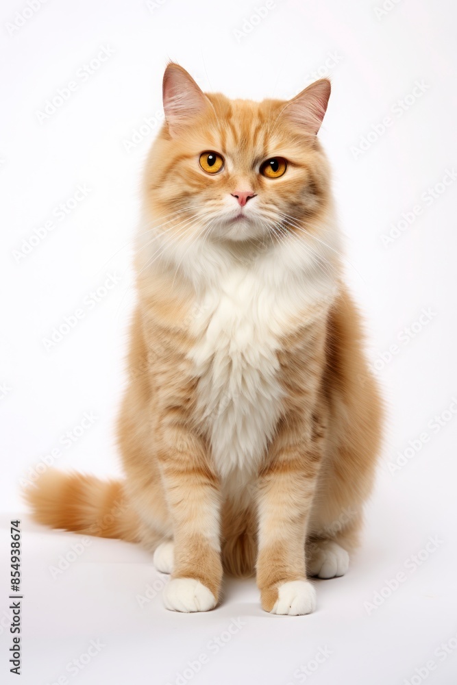 A cat sitting on white background looking at the camera.