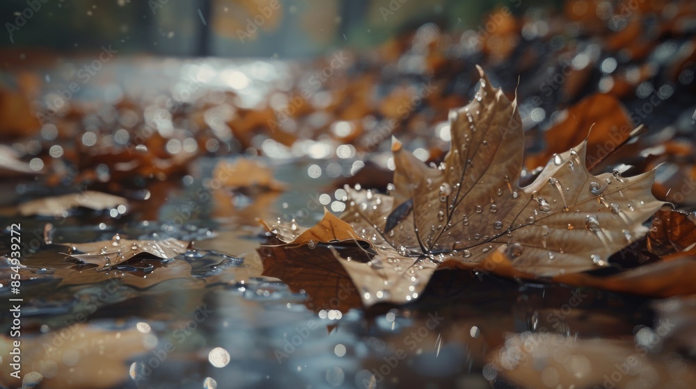 A mesmerizing scene captured by an HD camera, showcasing a fallen leaf adorned with shiny water drops, evoking a sense of tranquility and beauty in nature's delicate balance A mesmerizing scene captured by an HD camera, showcasing a fallen leaf adorned with shiny water drops, evoking a sense of tranquility and beauty in nature's delicate balance