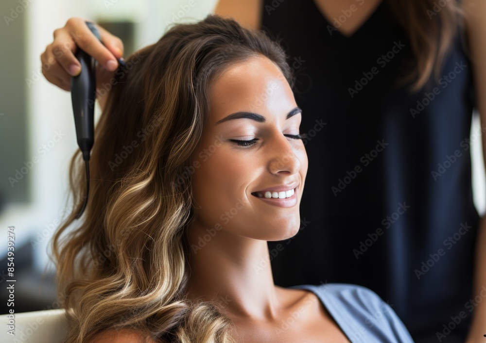 Fototapeta premium A woman with long hair is getting her hair done by a stylist