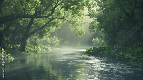 A serene scene of a tranquil river winding through a verdant valley, with the gentle sound of flowing water and the rustle of leaves creating a peaceful ambiance for meditation and relaxation