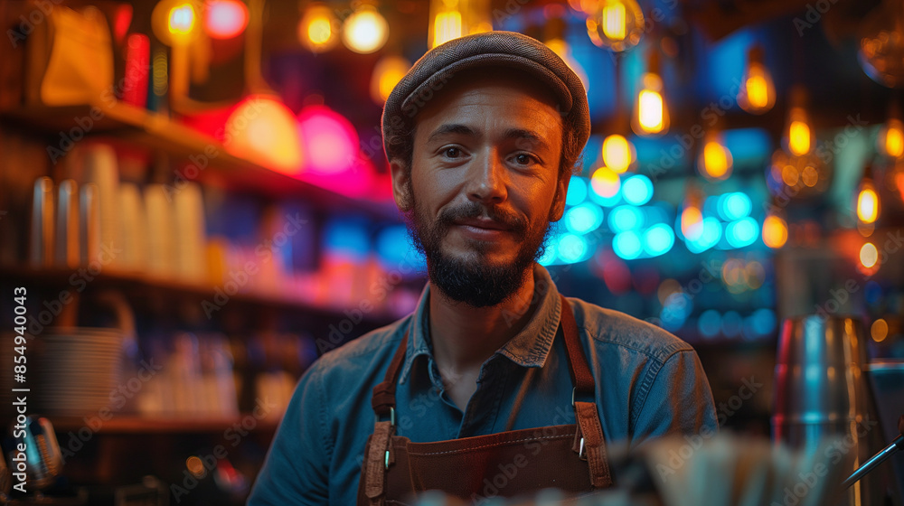 Portrait of a happy male barista standing behind the counter in a coffee shop. A man cafe owner looks at the camera and smiles. Business concept. Portrait of a happy male barista standing behind the counter in a coffee shop. A man cafe owner looks at the camera and smiles. Business concept.