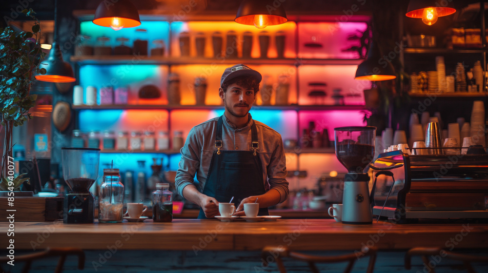 Portrait of a happy male barista standing behind the counter in a coffee shop. A man cafe owner looks at the camera and smiles. Business concept. Portrait of a happy male barista standing behind the counter in a coffee shop. A man cafe owner looks at the camera and smiles. Business concept.