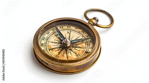 Detailed Vintage Brass Compass on White Background in Close-Up Shot