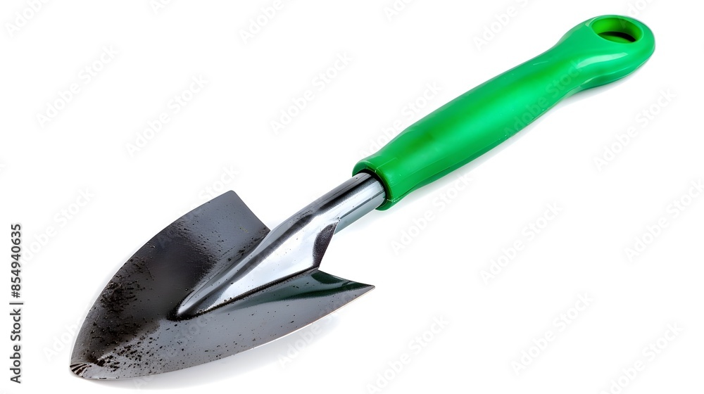 Green Garden Trowel with Plastic Handle and Metal Blade on White Background Green Garden Trowel with Plastic Handle and Metal Blade on White Background