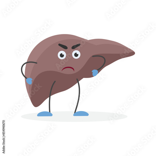 Angry disappointed human liver character, poor metabolism of patients organ vector illustration