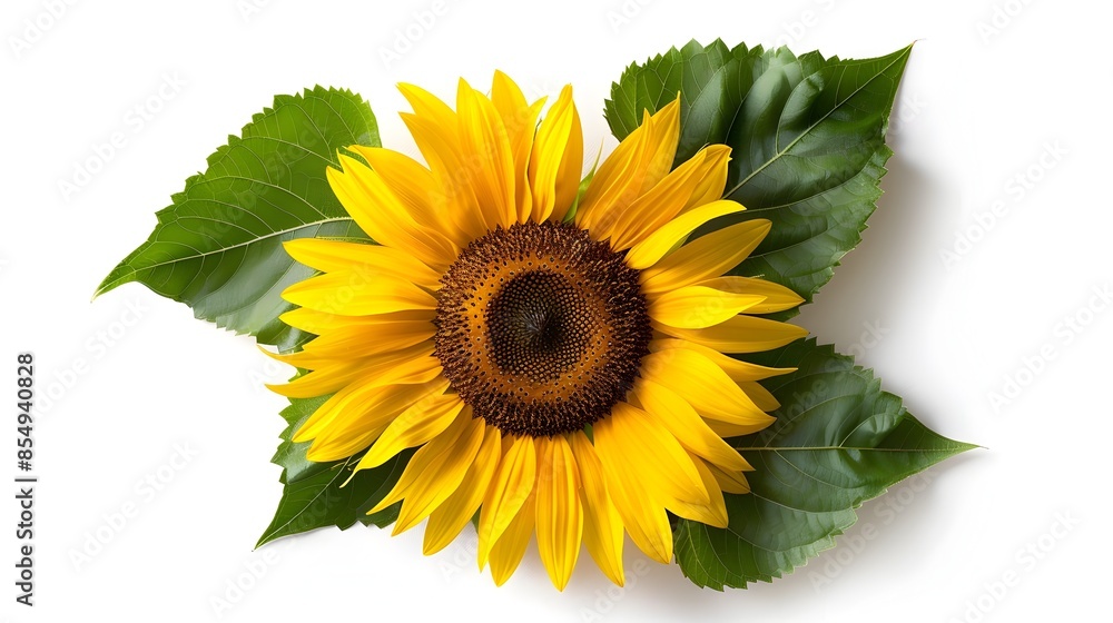 Obraz premium Fully Bloomed Golden Yellow Sunflower Against White Background in Top-Down Angle