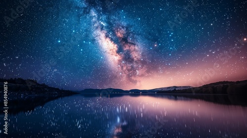 A mesmerizing shot of a star-filled sky above a tranquil lake, with the reflection of the stars creating a stunning mirror image on the water's surface.
