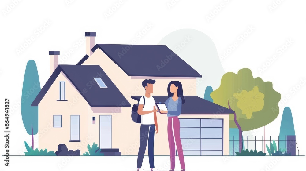 Real estate agent discussing home purchase with client in front of suburban house Real estate agent discussing home purchase with client in front of suburban house