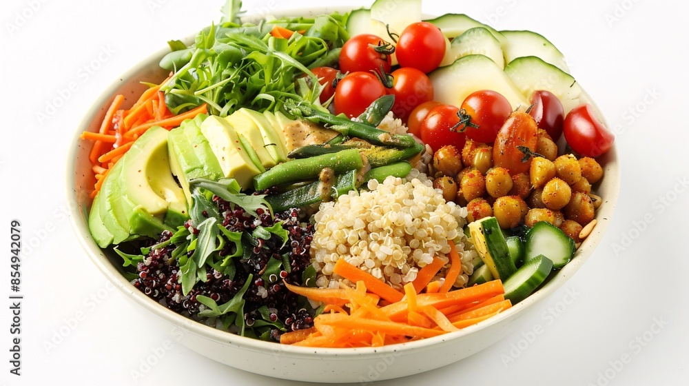 A vibrant vegan Buddha bowl filled with fresh vegetables such as avocado, cherry tomatoes, carrots, quinoa, and leafy greens, beautifully arranged on a plate, set against a clean white background A vibrant vegan Buddha bowl filled with fresh vegetables such as avocado, cherry tomatoes, carrots, quinoa, and leafy greens, beautifully arranged on a plate, set against a clean white background
