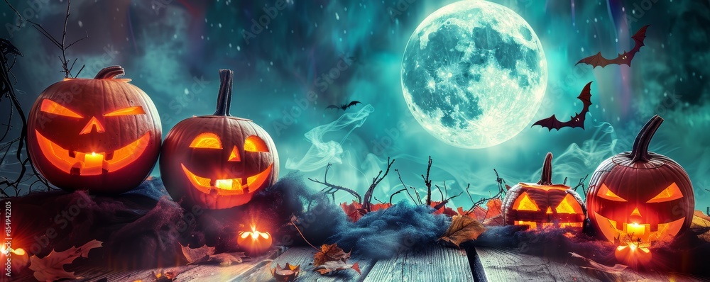 Spooky Halloween setting with a moonlit sky and jack-o'-lanterns Spooky Halloween setting with a moonlit sky and jack-o'-lanterns