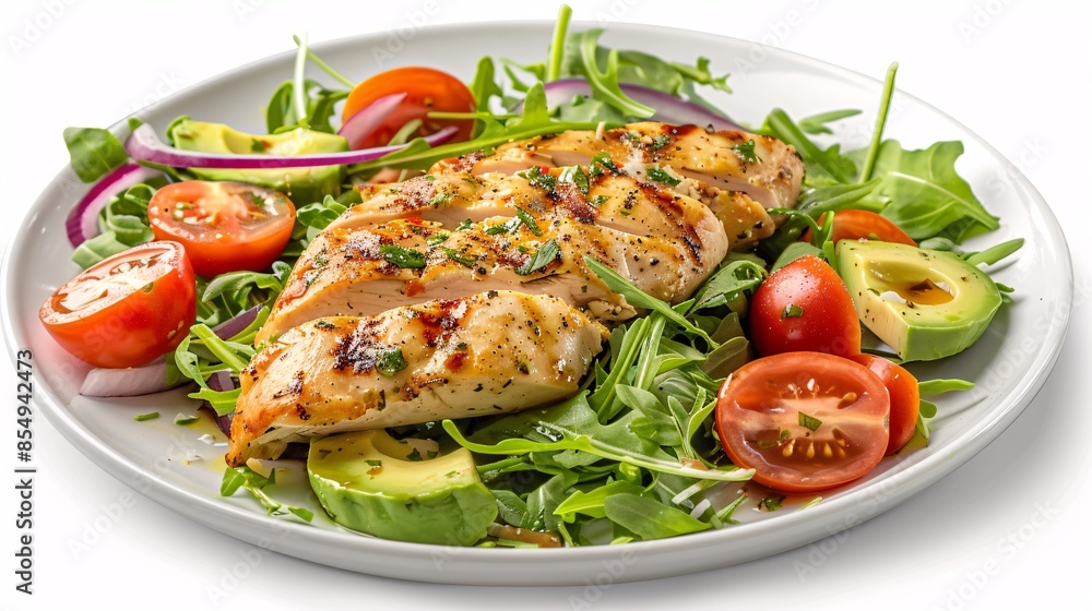 Chicken fillet served on a bed of mixed green salad with cherry tomatoes, avocado slices, and red onions, drizzled with olive oil dressing, all on a clean white plate Chicken fillet served on a bed of mixed green salad with cherry tomatoes, avocado slices, and red onions, drizzled with olive oil dressing, all on a clean white plate