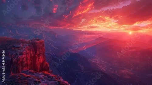 Wallpaper Mural A stunning view of a mountain range at sunrise, with the sky ablaze in fiery hues of red and orange, casting a colorful glow over the rugged landscape. Torontodigital.ca