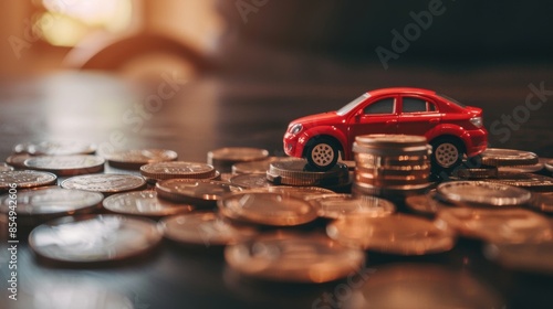 Red toy car on a pile of coins representing car insurance and loans photo
