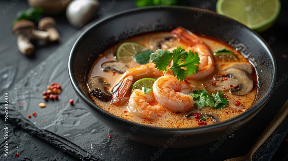 A beautifully plated Tom Yum soup with shrimp, mushrooms, and fresh lime slices, enveloped in a fragrant coconut milk broth. The bowl sits on a black stone surface, and the rich colors of the A beautifully plated Tom Yum soup with shrimp, mushrooms, and fresh lime slices, enveloped in a fragrant coconut milk broth. The bowl sits on a black stone surface, and the rich colors of the
