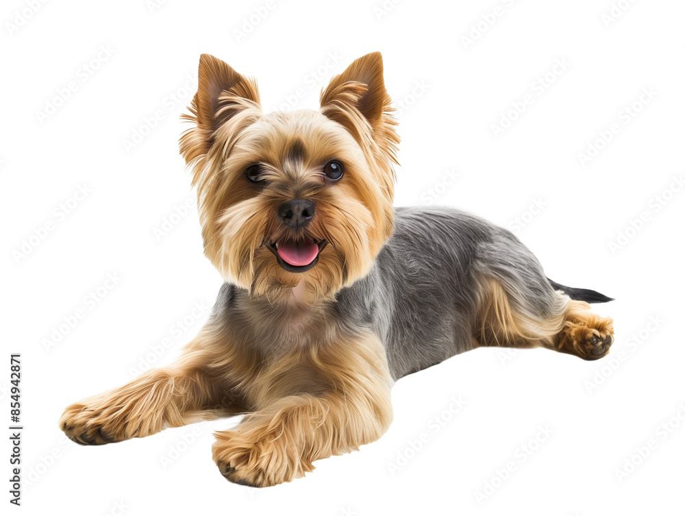 Full body shot of Yorkshire Terrier dog, lying down, smiling. Full body shot of Yorkshire Terrier dog, lying down, smiling.