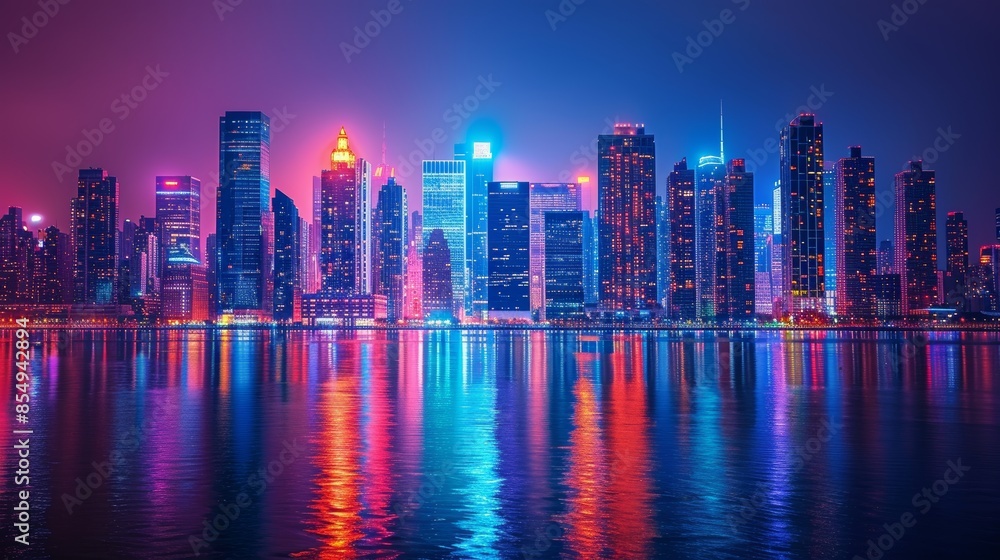 Fototapeta premium A vibrant, high-energy photograph of a dazzling city skyline at night, with skyscrapers illuminated by bright, colorful lights and reflections shimmering on the water, creating a s