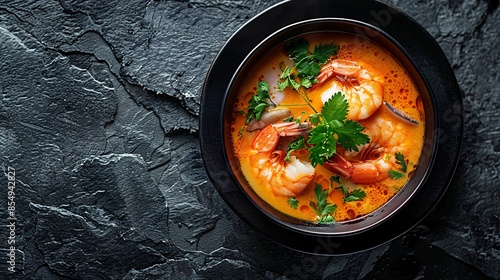 An artistic presentation of Tom Yum soup, showcasing succulent shrimp, galangal slices, and vibrant herbs in a creamy, spicy coconut milk broth. The soup bowl is centered on a textured black stone photo