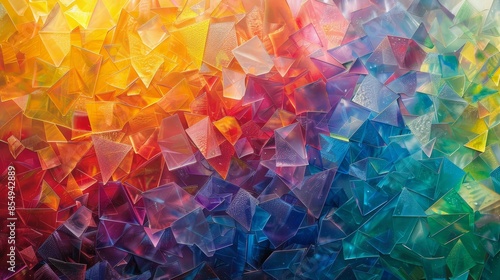 A vibrant, kaleidoscopic pattern formed by overlapping layers of translucent, colorful shapes, creating a complex and visually striking spectrum of iridescent colors that seem to d