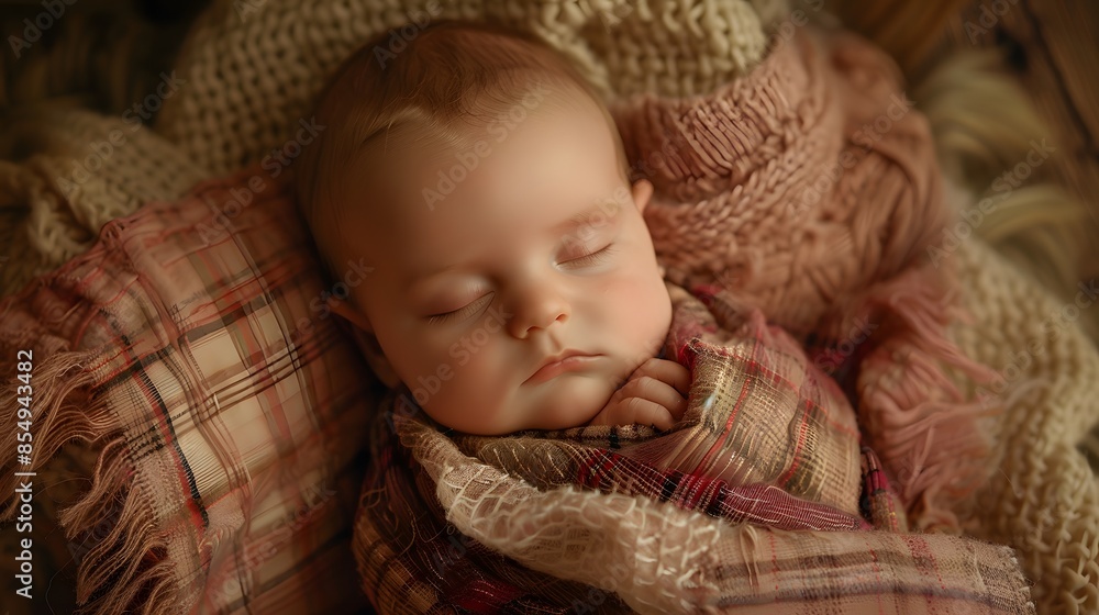 Cute Caucasian newborn infant baby girl asleep wrapped in a soft pink plaid. Adorable newborn baby girl portrait studio stock image Cute Caucasian newborn infant baby girl asleep wrapped in a soft pink plaid. Adorable newborn baby girl portrait studio stock image