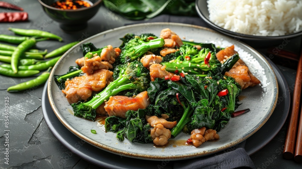 Stir fried Chinese broccoli or Chinese kale with crispy pork served alongside steamed rice Stir fried Chinese broccoli or Chinese kale with crispy pork served alongside steamed rice