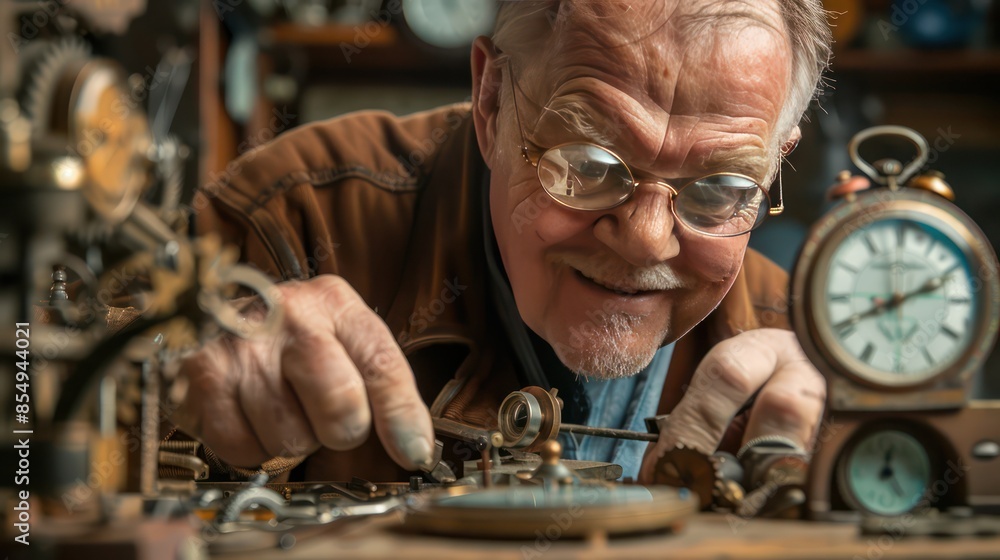 Selective focus of watchmaker repairing wristwatch at table Selective focus of watchmaker repairing wristwatch at table