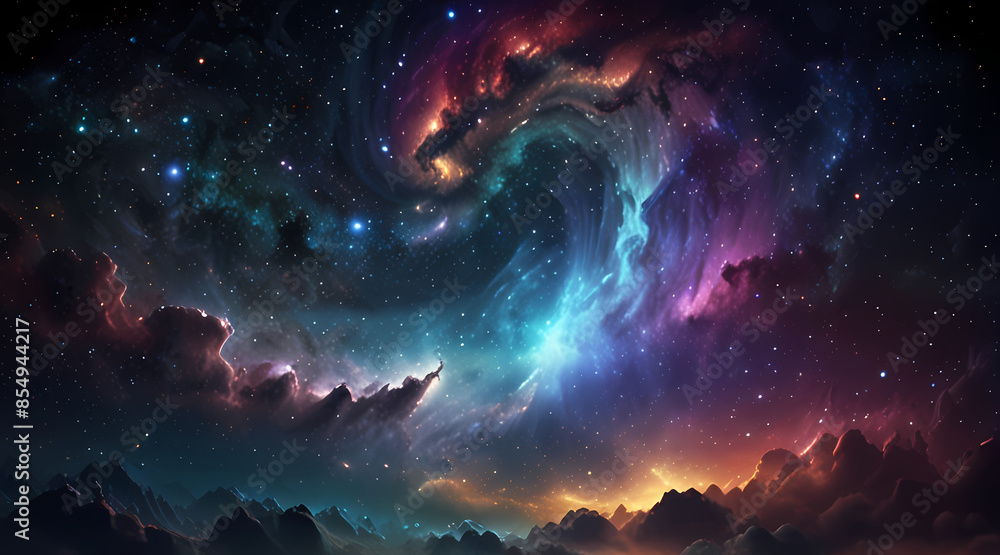 Obraz premium Visualize an outer space scene with holographic waves emanating from a distant galaxy, illuminating the stars