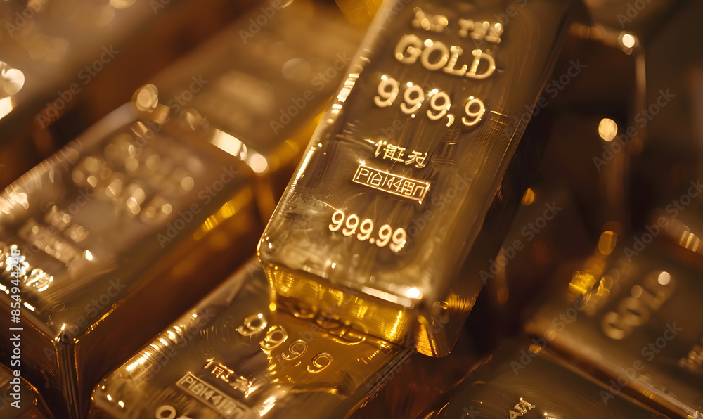 Close-up of gold bars with intricate engravings, reflecting ambient light, symbolizing luxury and stability Close-up of gold bars with intricate engravings, reflecting ambient light, symbolizing luxury and stability