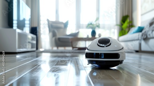 Robot vacuum cleaner cleaning hardwood floors in a modern living room