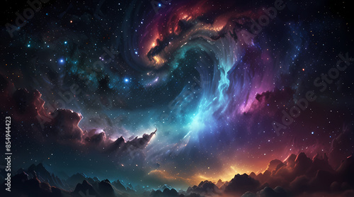Visualize an outer space scene with holographic waves emanating from a distant galaxy, illuminating the stars photo