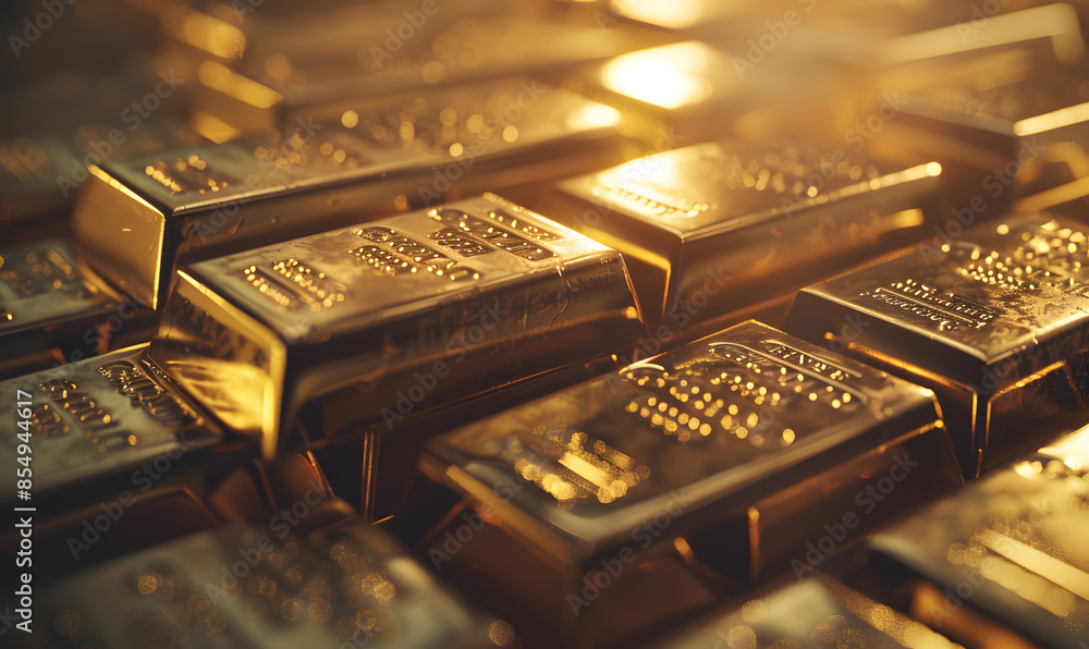 Close-up of gold bars with intricate engravings, reflecting ambient light, symbolizing luxury and stability Close-up of gold bars with intricate engravings, reflecting ambient light, symbolizing luxury and stability